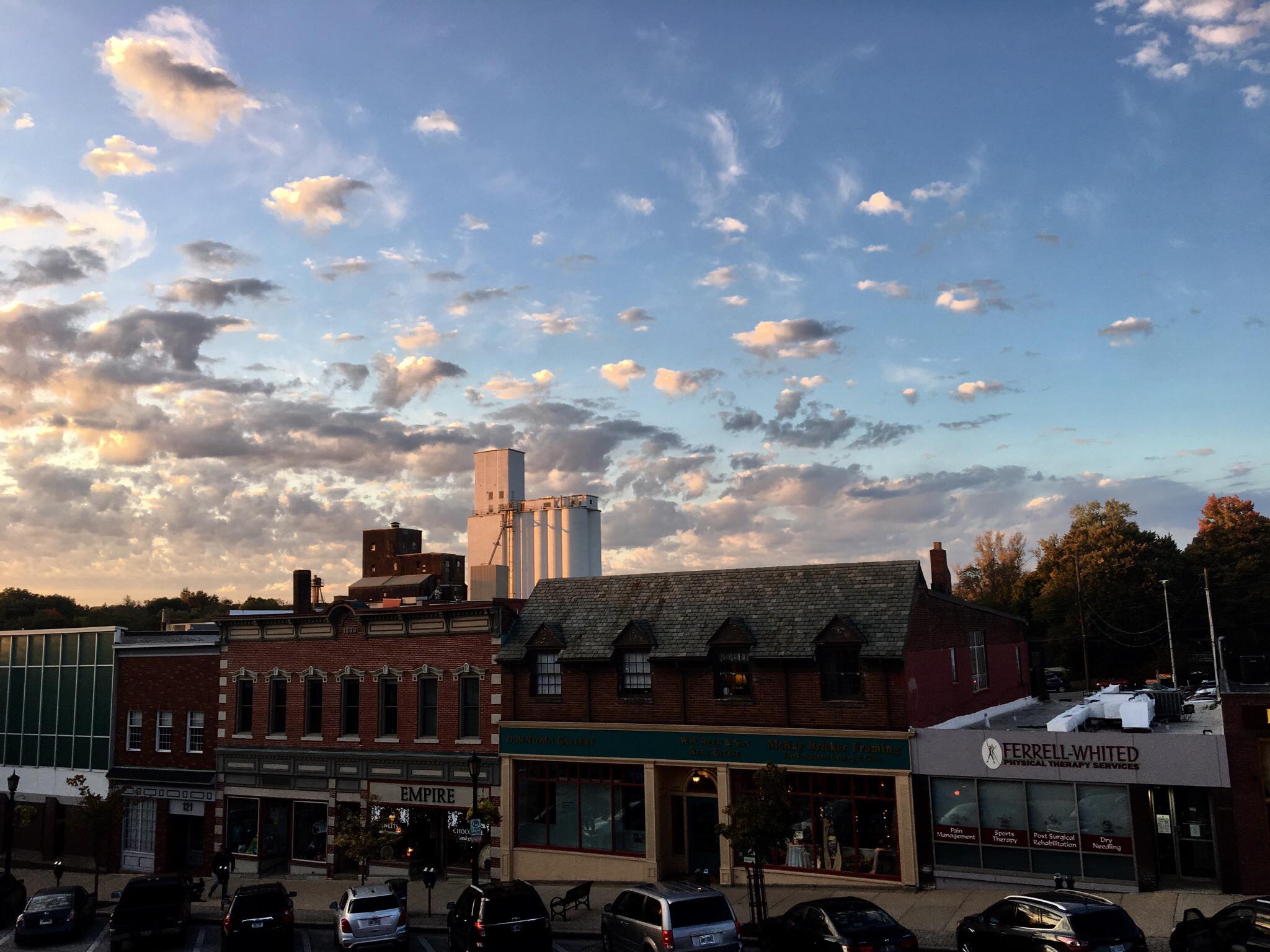 view of main street with mill in the background